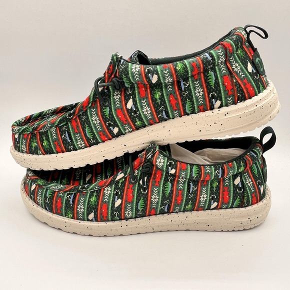Hey Dude Wally‎ Fishmas Mens Size 10 Christmas Sweater Shoes Loafers Green NEW main image 6